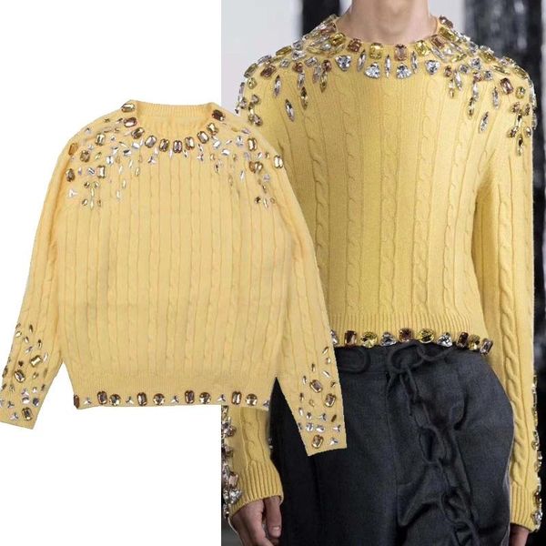 

luxury diamond runway beading autumn winter vintage knitted pullover elegant twist purple yellow full sleeve jumper, White;black