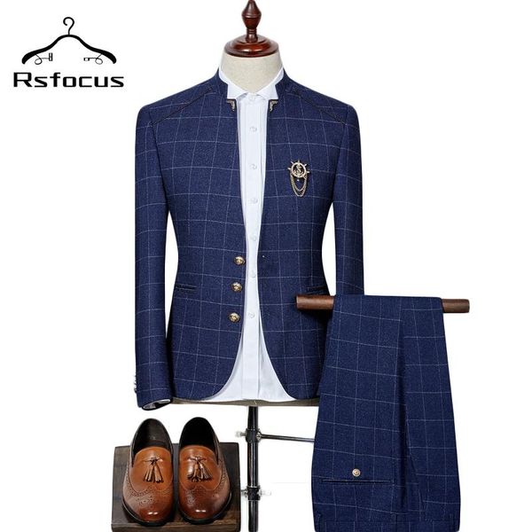 

rsfocus mens black navy blue plaid suits latest coat pant designs chinese style stand collar slim fit groom wedding suit tz374, White;black