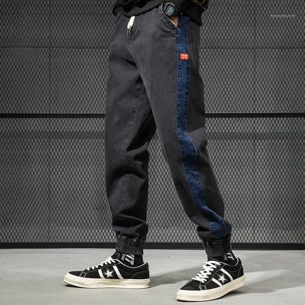 

men's jeans japanese style fashion men side stripe spliced loose fit harem cargo pants elastic waist hip hop joggers1, Blue