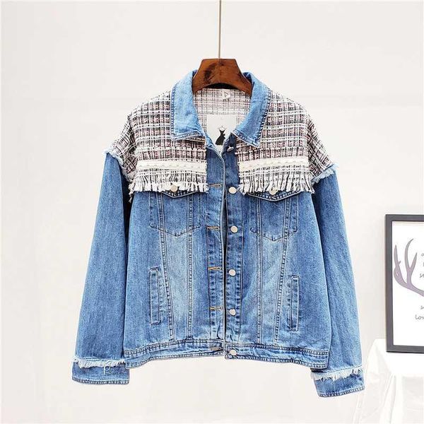 

veste femme printemps 2020 plus size loose tweed tassel splice washed denim jacket women's harajuku vintage casual jeans jacket1, Black;brown
