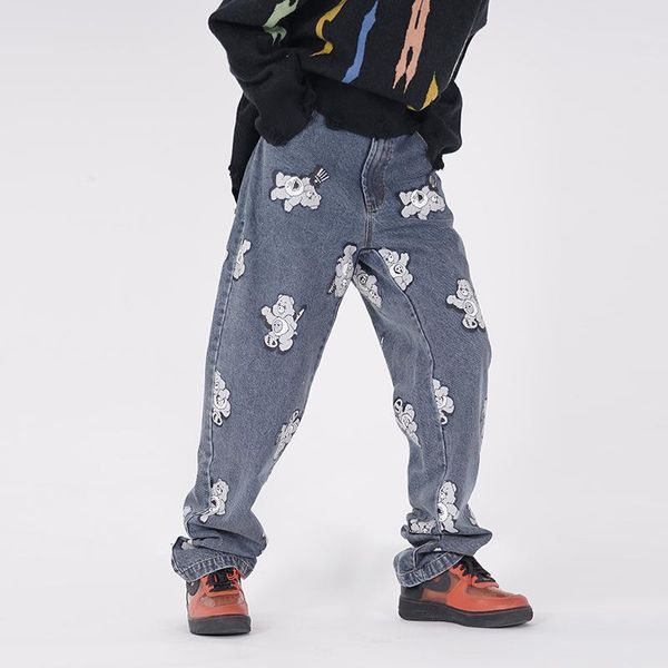 

men's jeans high street full bear embroidery straight men and women wide leg washed retro oversize casual denim trousers, Blue