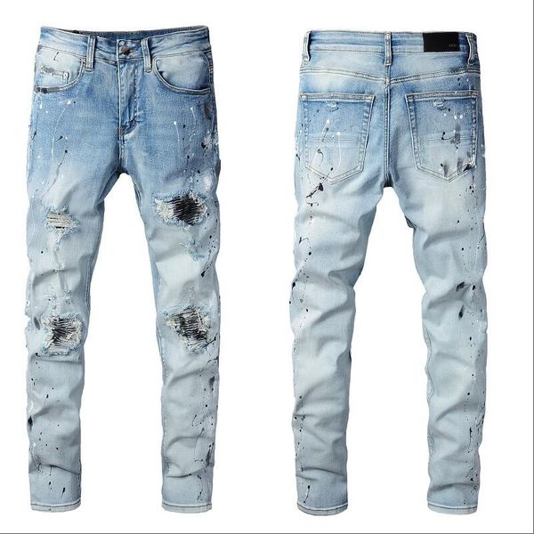 Mens Designer Jeans Star High Elastics Distressed Ripped Slim Fit Moto Biker Denim Pour Hommes Mode Pantalon Noir # 032