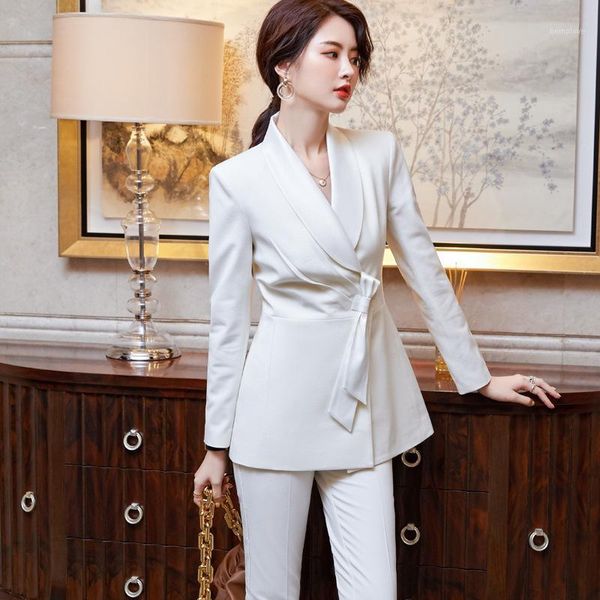 

2020 fashion business wear women's suit korean style high-end manager ropa formal mujer business suit pants blazer women set1, White
