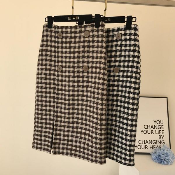 

2021 new the new houndstooth woolen korean style temperament all-match thinner, one-step split a-line skirt yh8s, Black