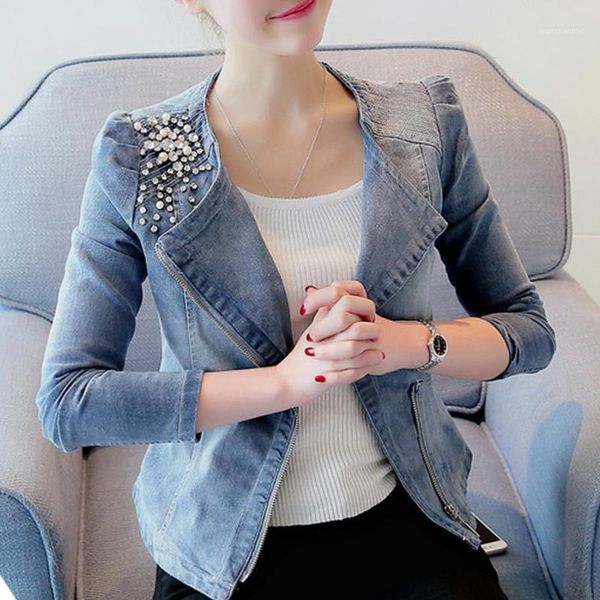 

women denim jackets casual slim pearl bead zipper jeans coat female dropshipping1, Black;brown