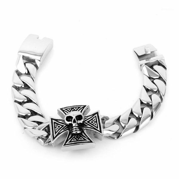 

punk cool jewelry 316l stainless steel skull and cross bracelets heavy and chunky viking skull bracelets for men 220mm1, Golden;silver