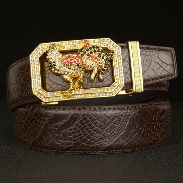 

twelve chinese zodiac animals chicken head layer cow men's inlaid with diamond automatic buckle leather trouser belt, Black;brown