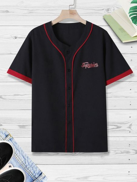 

men letter graphic contrast piping shirt g6fd#, White;black