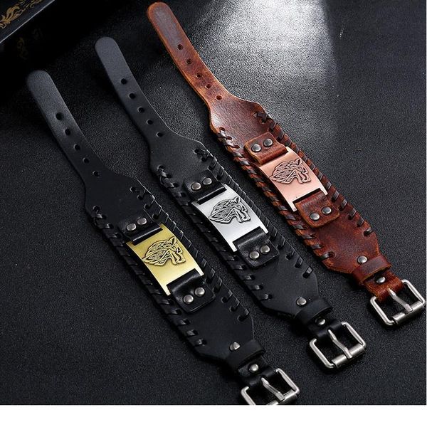 

vintage men wide bracelet weave bangle leather metal adjustable viking charms punk wolf head bracelet jewelry acc jllaha