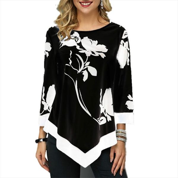 

new spring autumn women blouses casual loose irregular plus size ladies o neck floral printed shirt large size s 5xl blouse, White