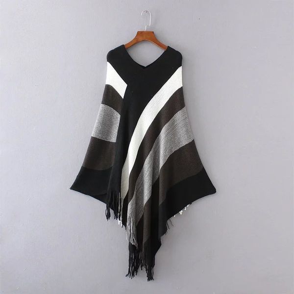 

splicing womens capes and ponchoes autumn winter women fashion candy colors tassel pullovers ladie knitted sweater, White;black