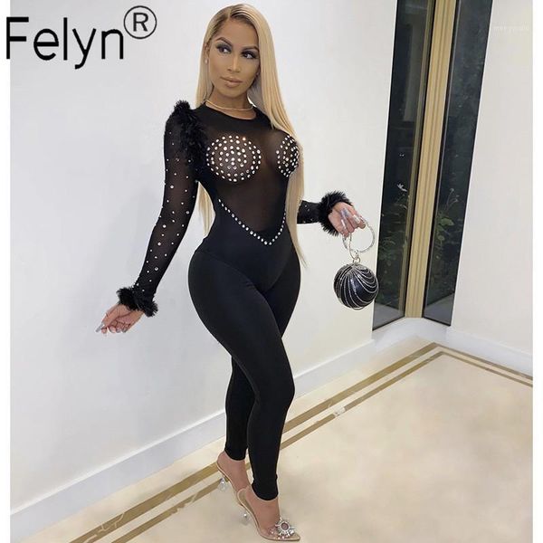 

felyn 2020 new fashion elegant style jumpsuits transparent feather diamond night club party rompers bb82831, Black;white