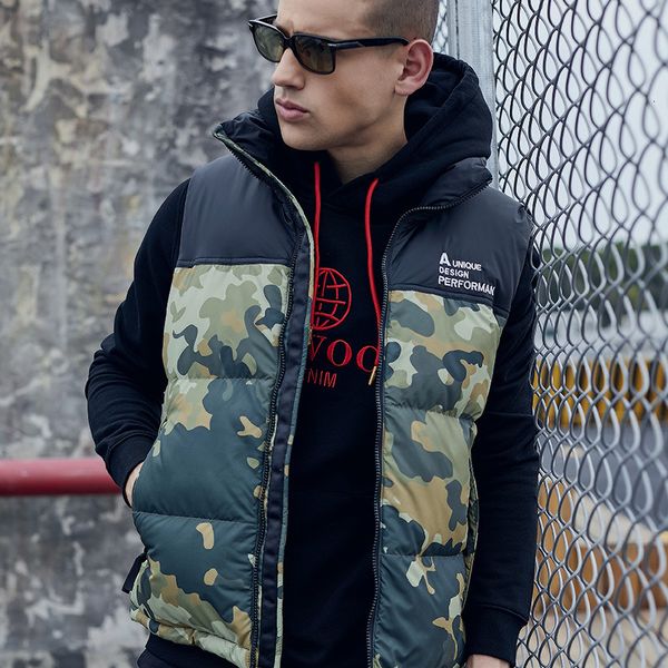 

simple autumn and winter new men's hooded camouflage down cotton jacket large casual versatile vest, Black;white