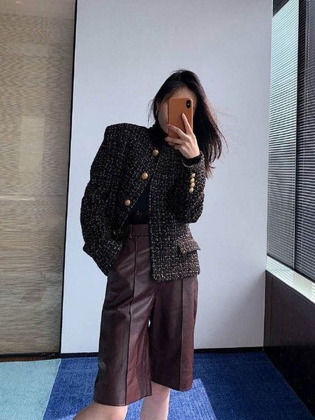 

female new style small fragrance tweed glittering silk jacket european and american temperament around the short neck fbpo, Black;brown