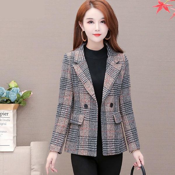 

women's plaid woolen suit jacket slim korean new autumn winter short suits small woolen coats overcoat female plus size blazer, White;black