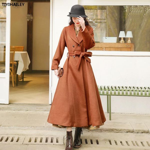 

boshow long mid-calf winter vintage trench women outerwear s-l full sleeve turn down collar wool double buttons, Black