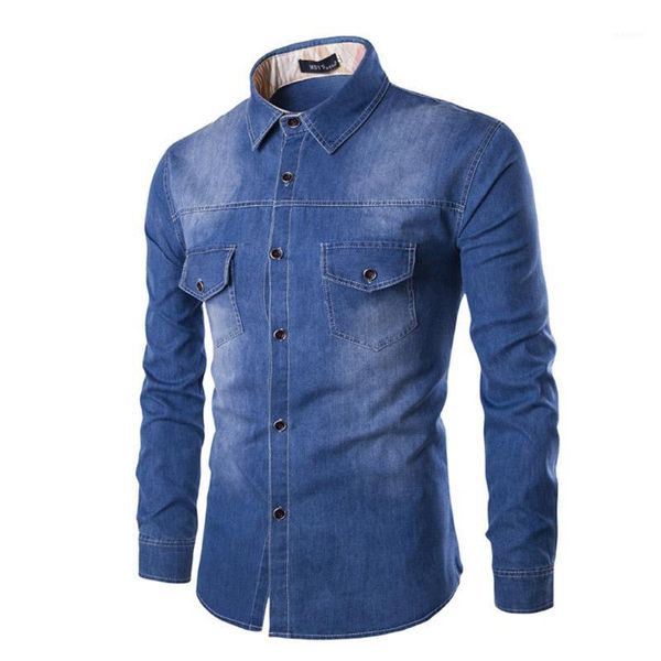 

solid color fashion denim shirt men cotton brand clothing washed pocket design casual slim fit jeans shirt 2xl1, White;black