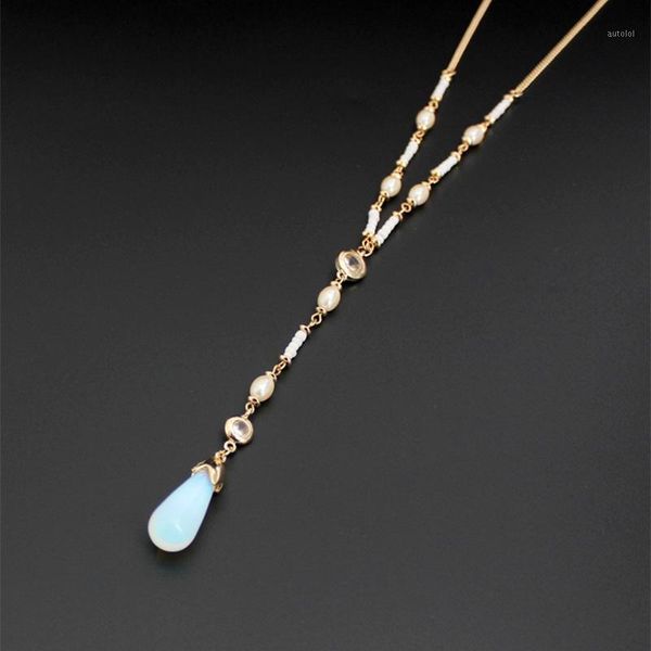 

fashion geometric water drop opal pendant necklace gold chain with pearl pendant necklace1, Silver