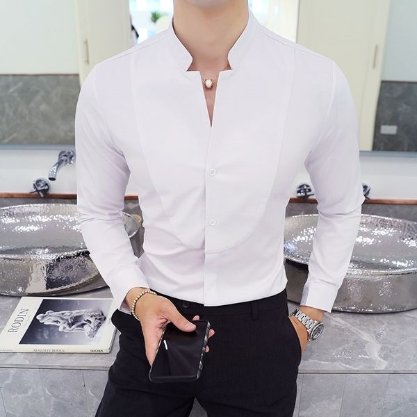 

mandarin collar shirt men new autumn solid men shirt long sleeve slim fit camisa social masculina casual mens shirts 5xl-s 201120, White;black