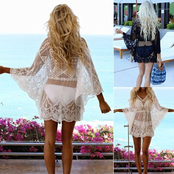 

cover-ups 2021 summer women bikini wraps beach swimwear floral mesh lace sheer cover up dress perspective robe v neck /by1