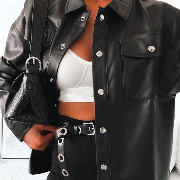 

waatfaak black leather blouse women casual plus size elegant blouse long sleeve button pocket winter office blouses ladies 2021, White