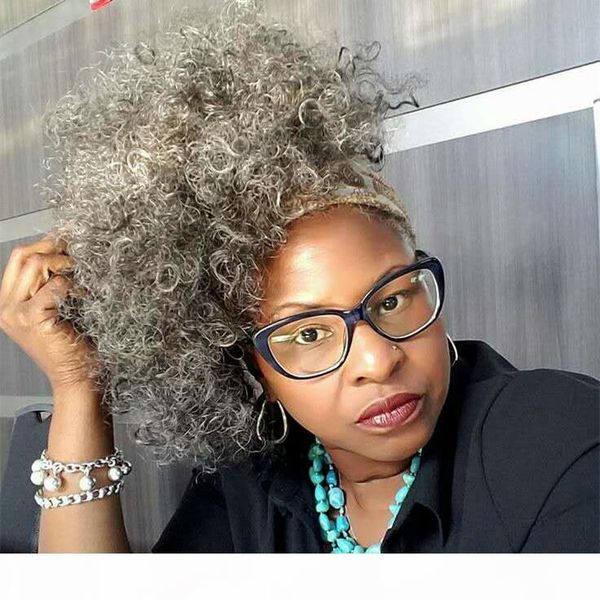 

grey hair weave ponytail hair piece clip in afro kinky human virgin wrap around gray drawstring horse tail women hairpieces 10-18inch, Black