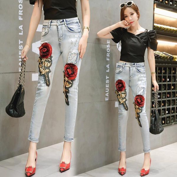 

women boyfriend jeans plus size ripped jeans for woman fashion denim pants ankle slim cartoon print jean c4801, Blue