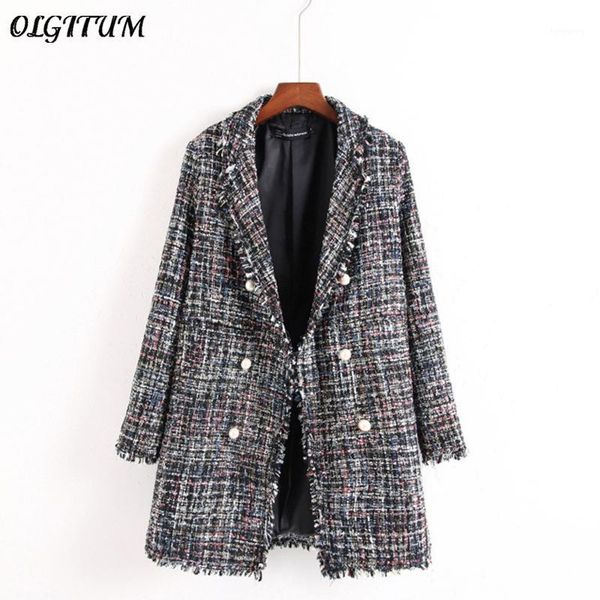 

fresh style spring/autumn female casual jacket coat hand-tassel loose coat checkered tweed jacket lapel thick1, Black;brown