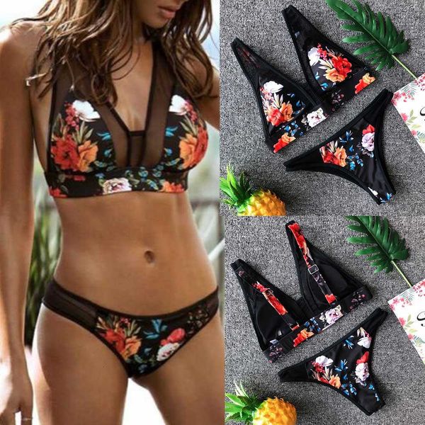 

women print fashion push-up padded bra beach bikini set swimsuit swimwear one piece underwire beachwear sexy, Black;white