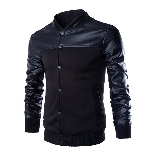 

men's jackets quality pu leather patchwork stand coats outerwear casual slim fit mens bomber button windbreaker baseball jacket, Black;brown