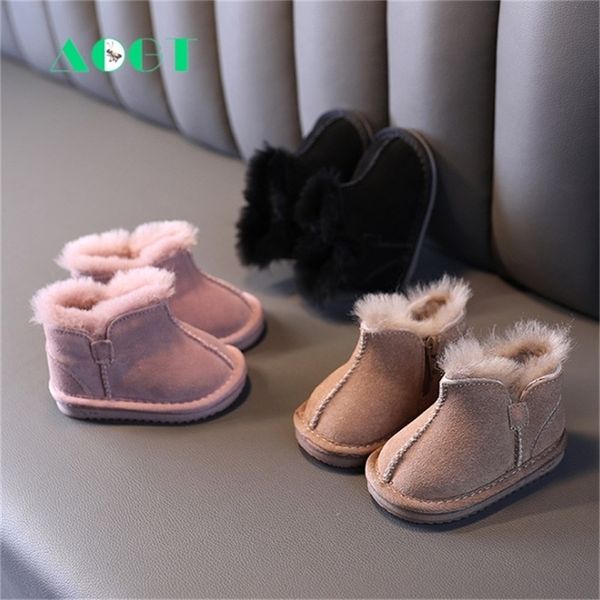 

aogt winter shoes warm wool plush infant toddler suede leather 0-3 year kids baby snow boots t20-274 y201028, Black;grey