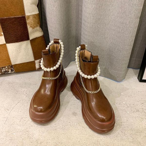 

women's winter plush lining ankle boots beading metal chain high heels platform shoes b2331, Black