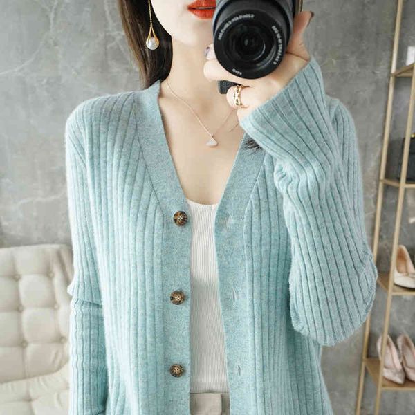 

women's sweaters spring pure wool cardigan women v-neck knitted long-sleeved cashmere sweater outer jacket loose and wild warm thick qc, White;black