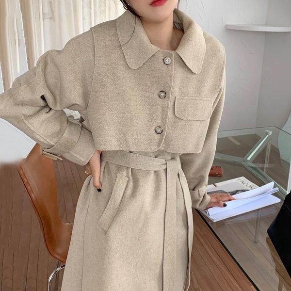 

women's coat korean winter style lapel detachable waistcoat show thin waistband middle length warm double faced tweed coat woman, Black