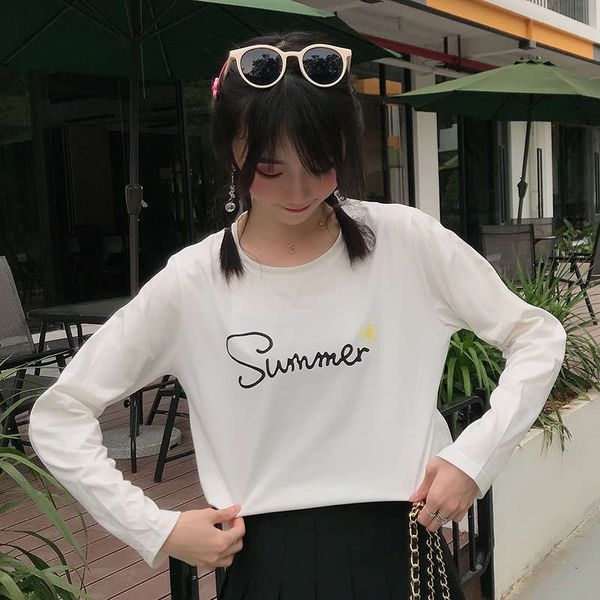 

white long sleeve t-shirt women's new fall 2019 ins style letter student korean bottom coat lady, Black;gray
