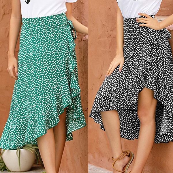 

women skirt ruffles casual floral boho beachwear high waist asymmetric chiffon skirt elegant ladies bottom women skirts female1, Black