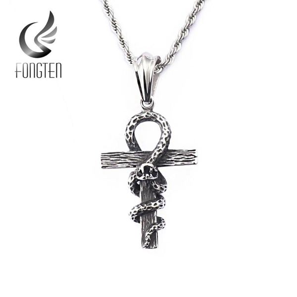 

pendant necklaces fongten retro gothic snake cross necklace for men stainless steel tone chain halloween jewelry, Silver