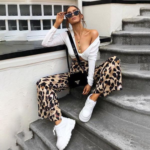 

fashion women leopard print palazzo wide leg pants high waist flared trousers women loose long pants casual pant, Black;white