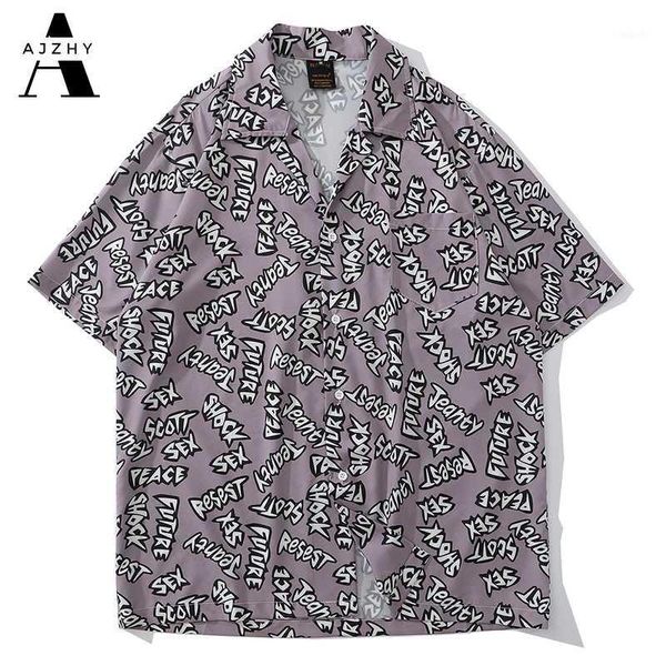 

streetwear men shirt short sleeve summer letter print korean shirts vintage button up hawaiian shirt harajuku 2020 men clothes1, White;black