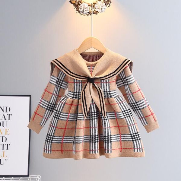

Good Quality Baby Girls Knitted Plaid Sweaters Dresses Spring Autumn Girl Long Sleeve Princess Dress Kids College Style Knitting Dress 2-7 Years, Blue