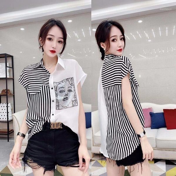 

ladies and blouses 2020 shirt summer dress new striped stitching shirt short-sleeved loose loose thin diamond, White