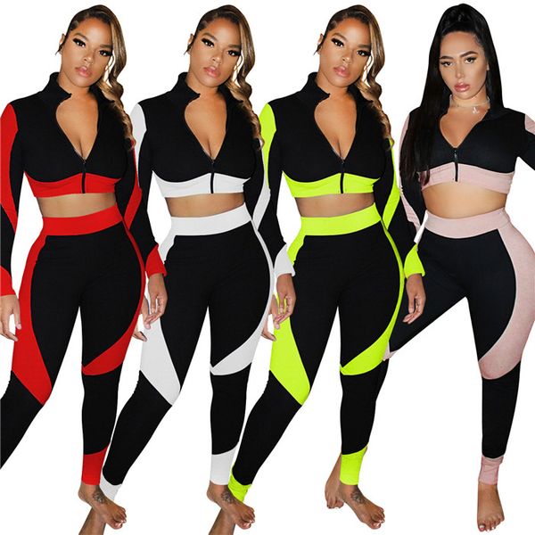 

womens two piece set tracksuits geometric patchwork short style long sleeve zipper slim pencil trousers autumn women yoga clothes, Gray