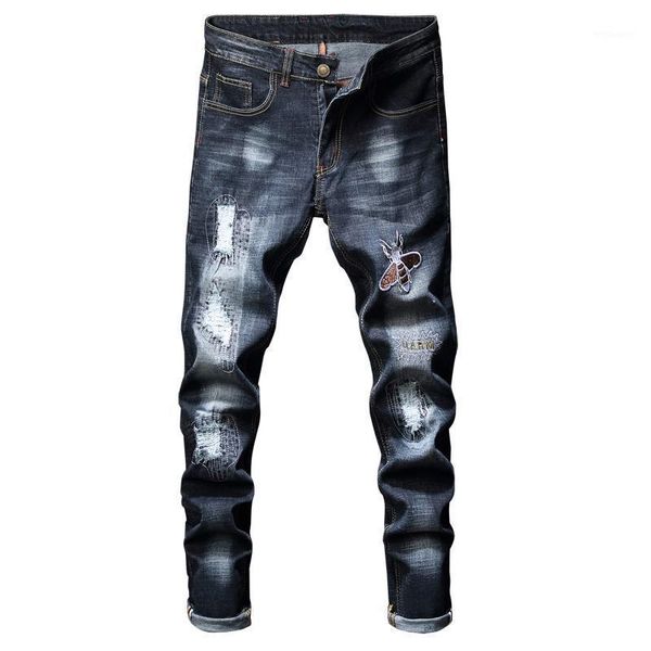 

men's spring jeans fashion silm casual embroidery pencil pants cotton denim pants high end brand trousers size 381, Blue