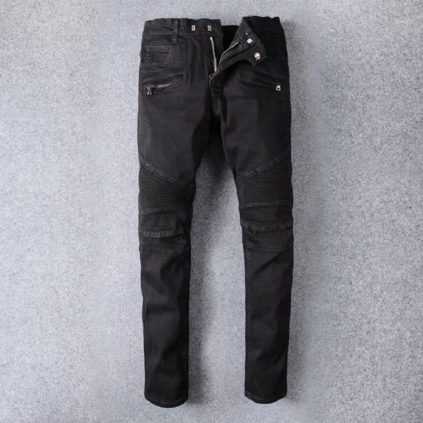 

men pants motorcycle jean thin cowboy male cotton trousers pants men soft micro elasticity trousers breathable1, Black