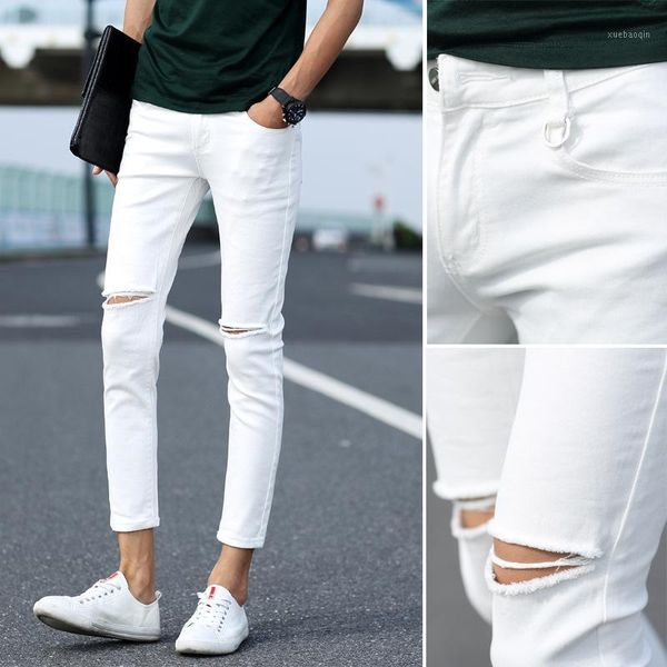 

wholesale 2020 fashion knee hole jeans men's autumn white feet ankle length jeans men's korean slim pencil pants1, Blue
