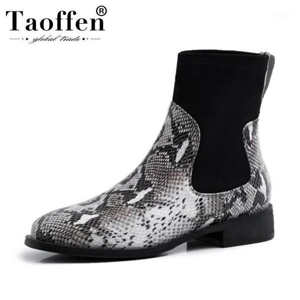 

taoffen women real leather snakeskin pattern flats ankle boots round toe office work shoes short boots size 33-401, Black