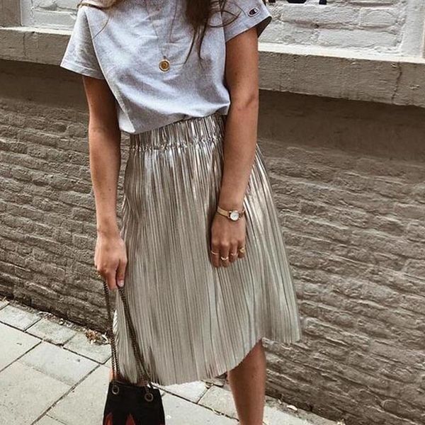 

women pleated metallic elasticized midi waist skirt y200326, Black