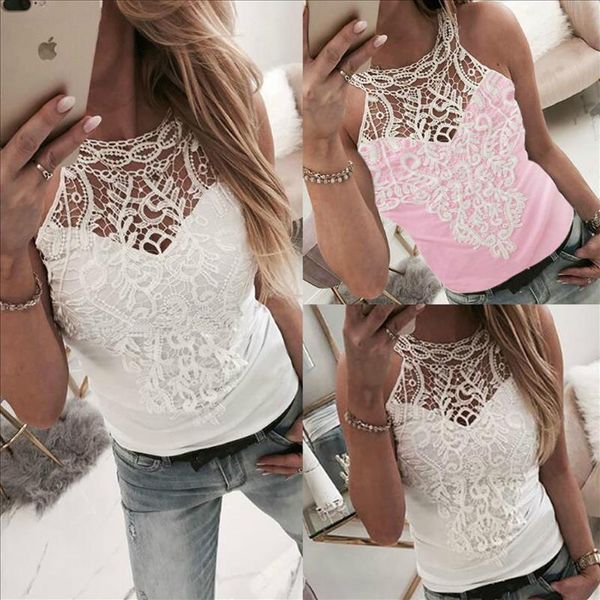 

2021 womens and blouse lace hollow out patchwork turtleneck sleeveless women blouse women shirts, White