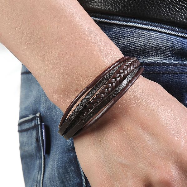 

men classic multi layer leather bracelet vintage braided rope magnetic clasp wristband wrap bangle for male fashion jewelry gift, Golden;silver