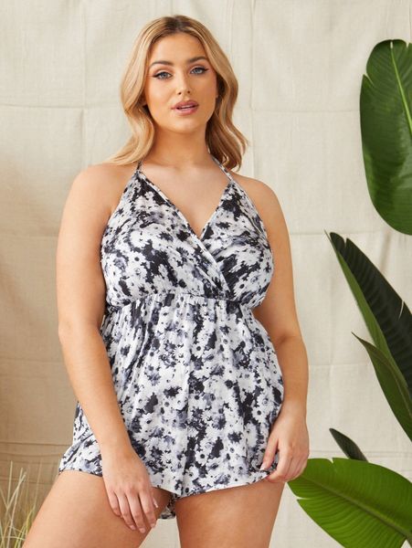 

plus tie dye halter sleep romper k4sf#, Black;white